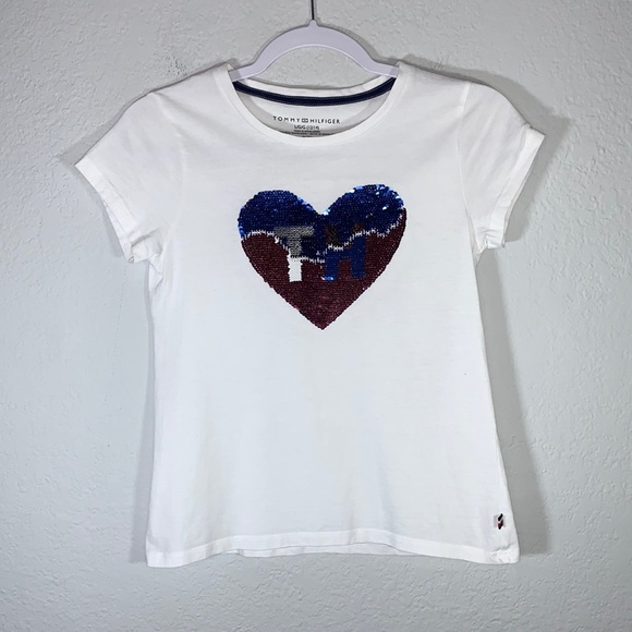 Tommy Hilfiger Sequin Heart TH White Short Sleeve T Shirt size Large Girls - Picture 7 of 7